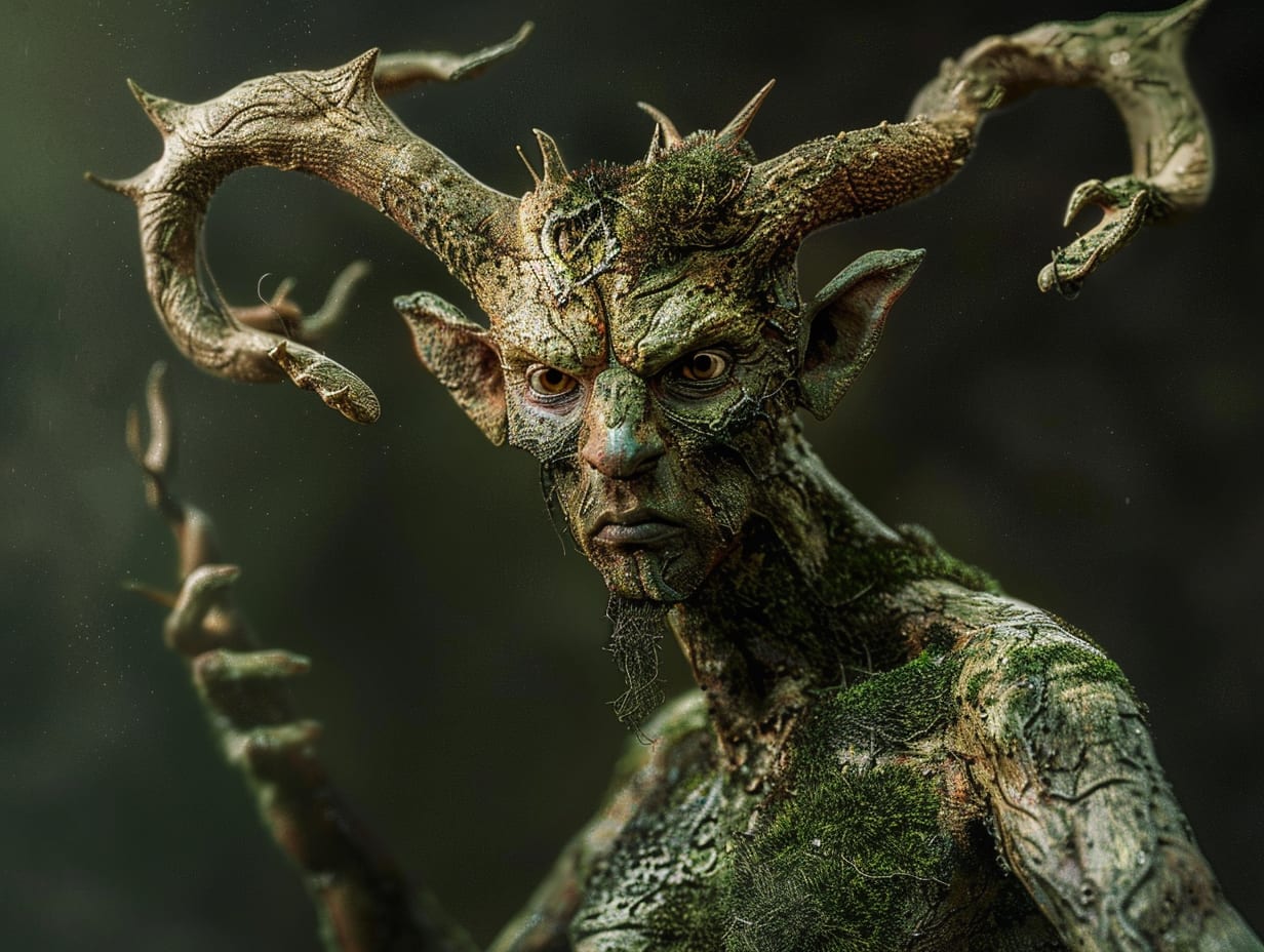 Horned creature concept — moss and bark